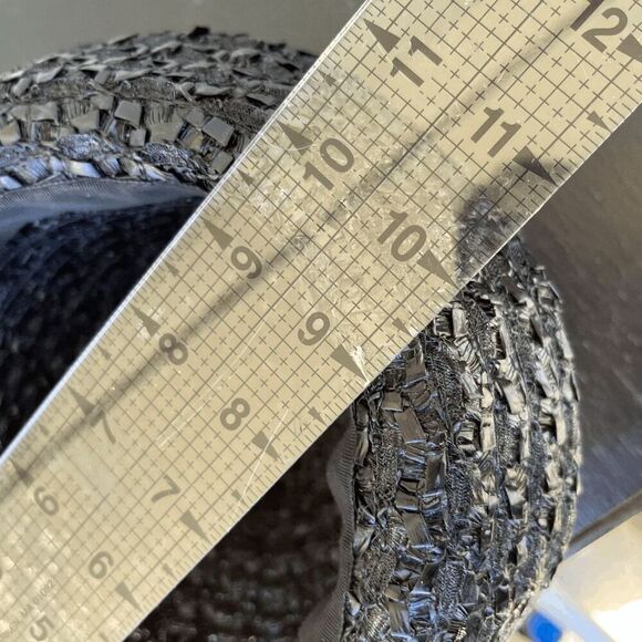 Vintage 50s Black Straw Cloche Hat • Grosgrain Bow, Up-Turn Brim - Picture 10 of 13